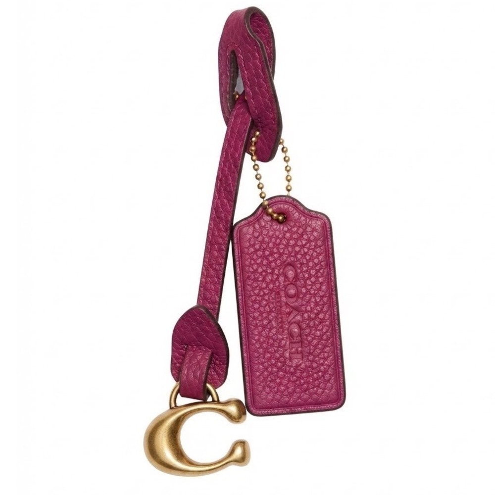 Coach Magenta Pebbled Leather Bag Charm C Logo Hangtag Gold Tone Hardware